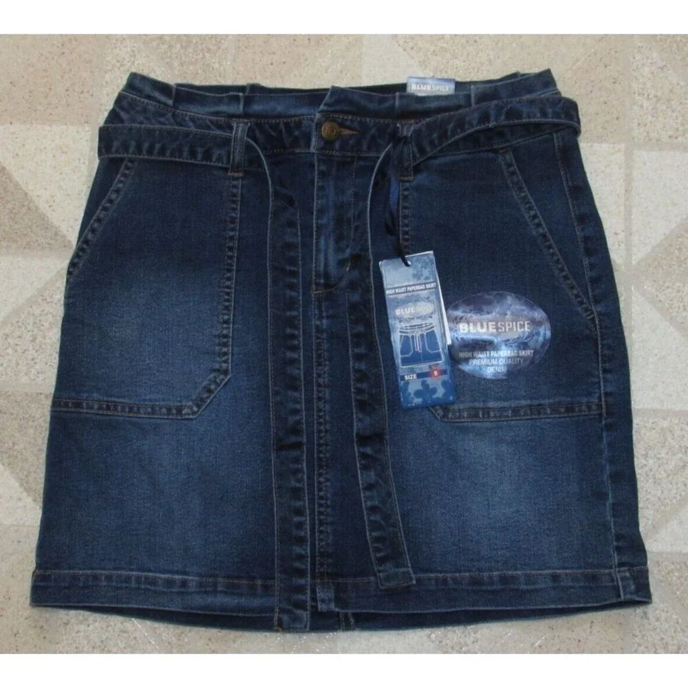 Juniors 9 Denim Mini Skirt Paper Bag High Waist Straight Blue Spice NWT Belted